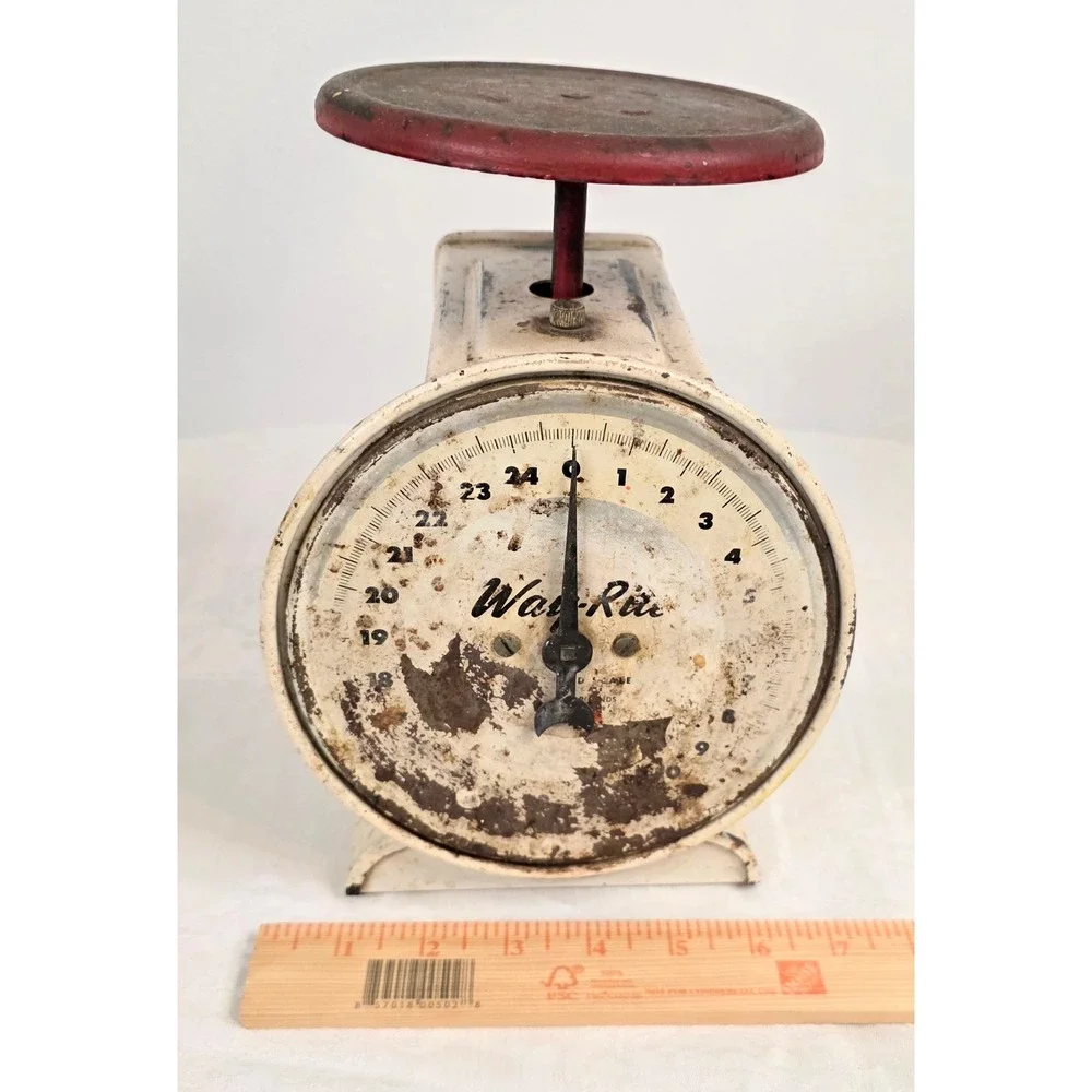 Vintage Way-Rite Kitchen Scale 25lb Capacity Metal Farmhouse Decor Cream Red